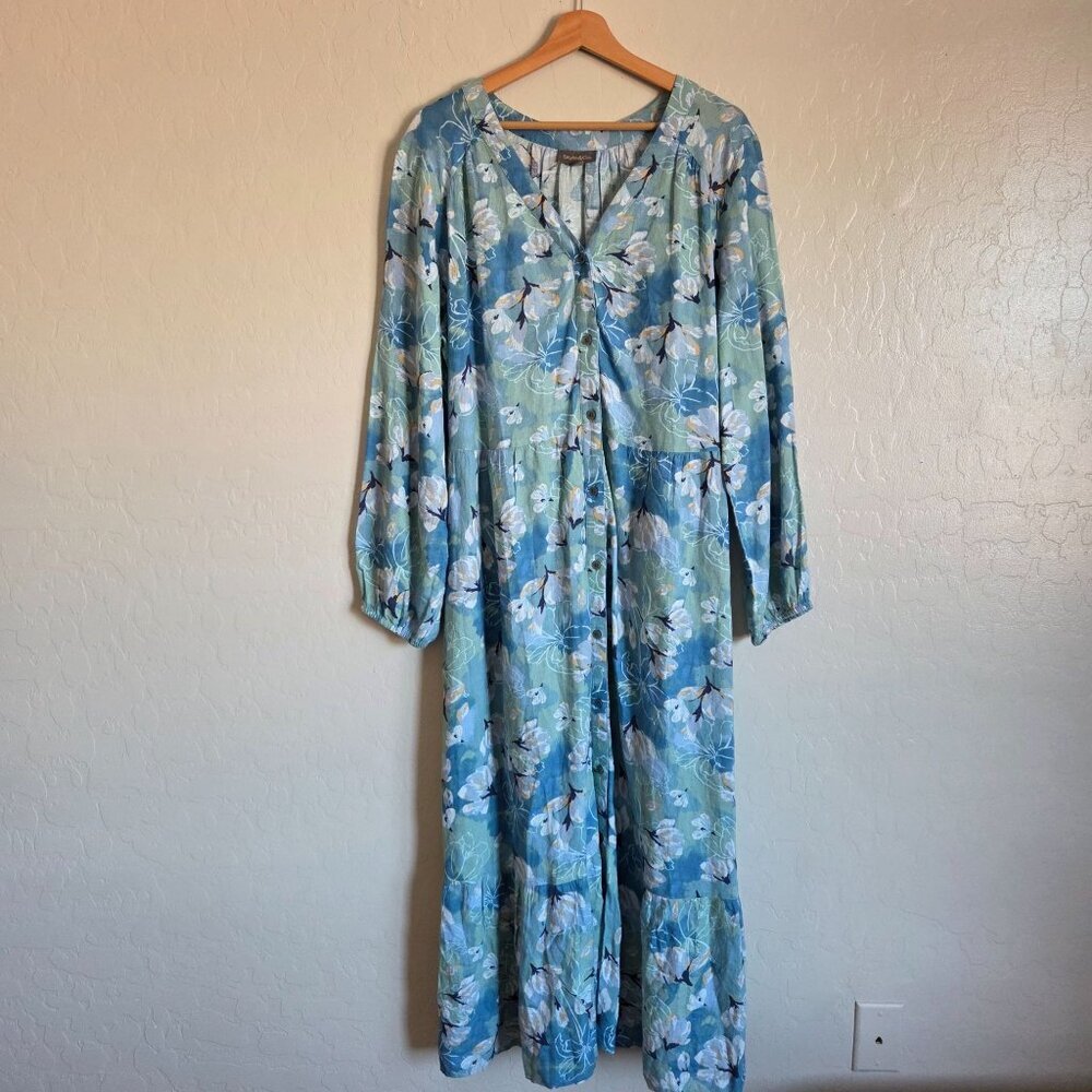 Style & Co Printed Linen Tiered Midi Dress Blue Coastal XL Button Up V-Neck NEW